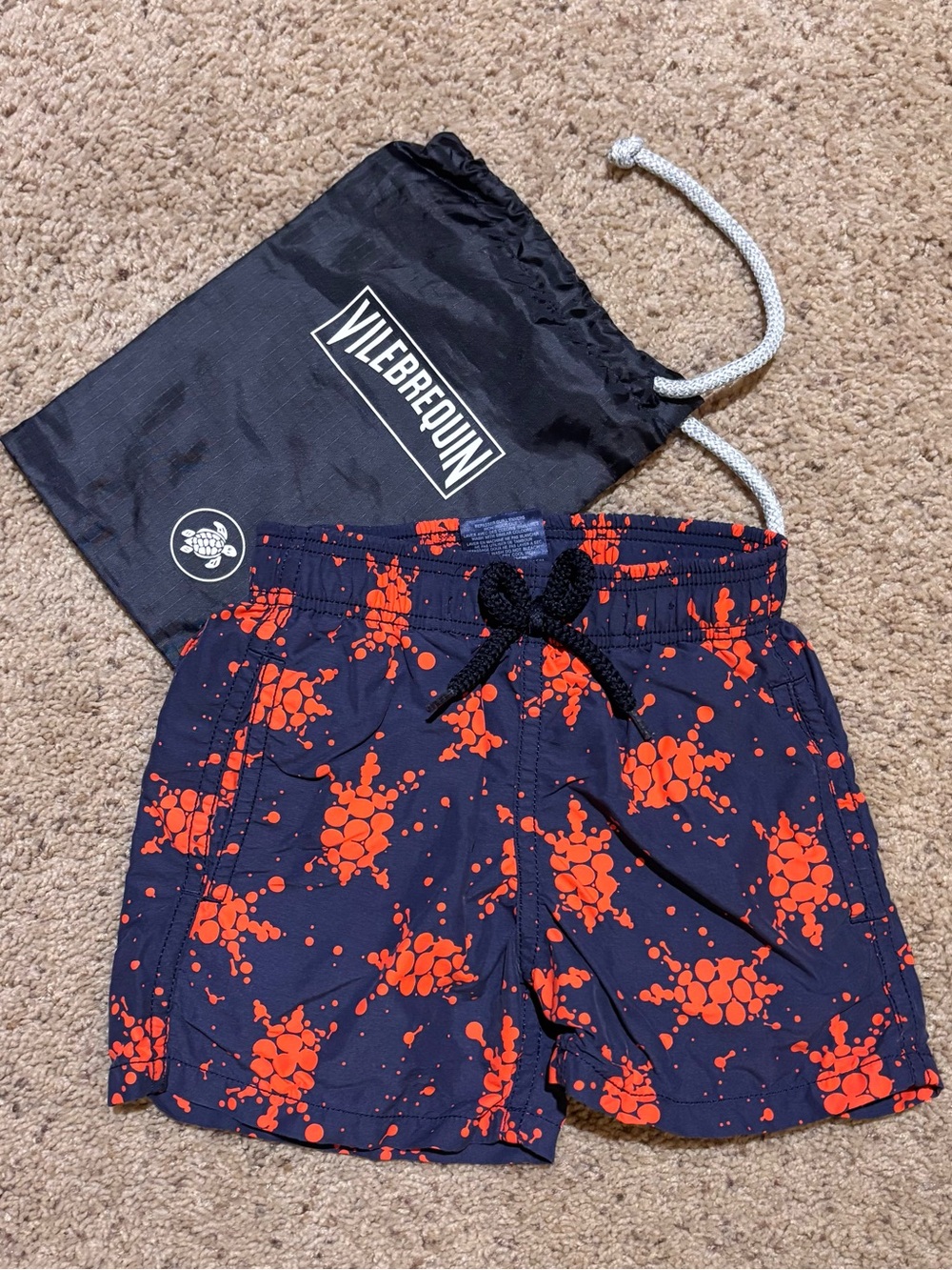 Vilebrequin Navy Swim Shorts with Bright Red Turtle Splash Pattern, size 4
